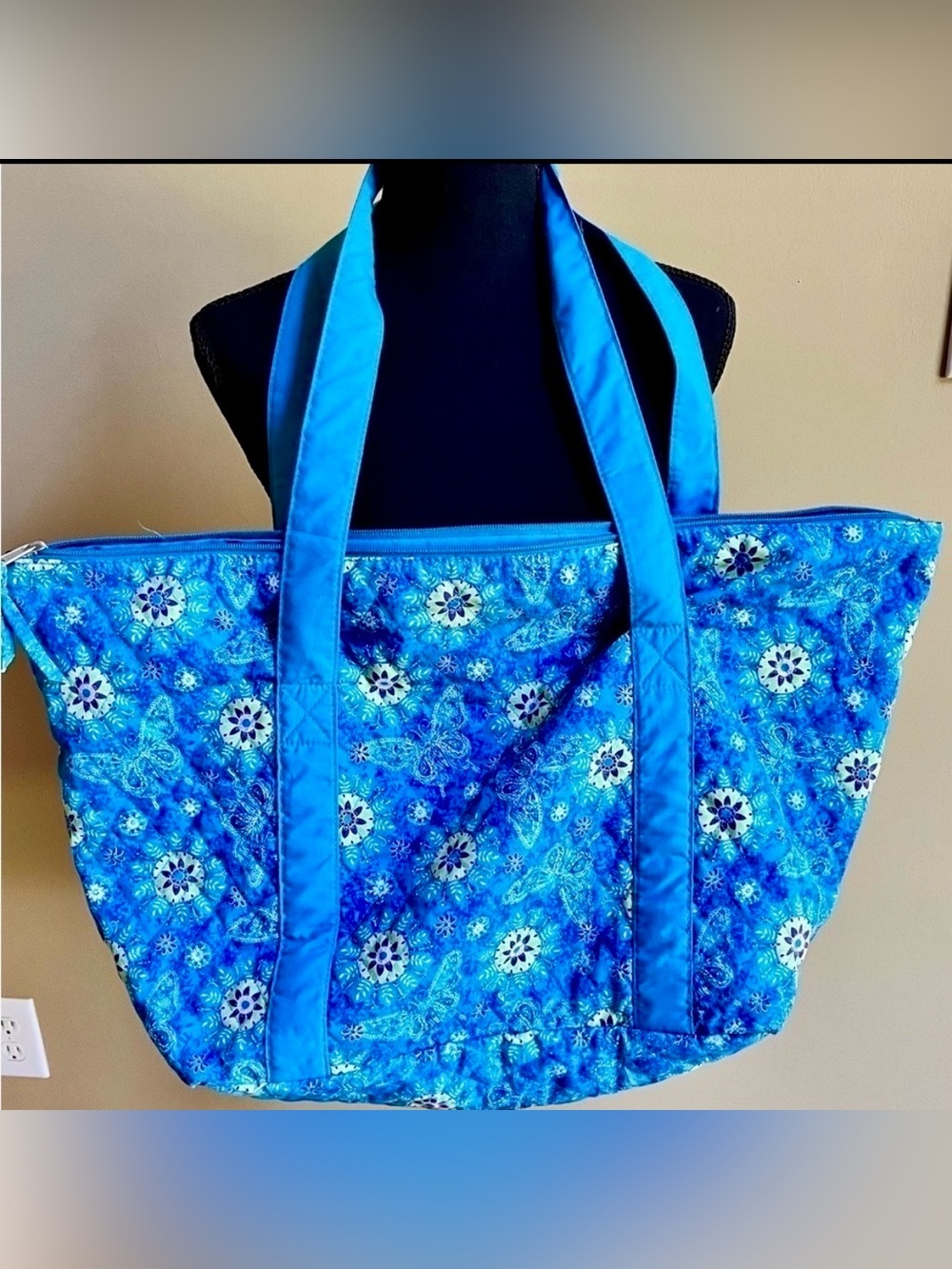 Large Quilted Blue Floral Tote Bag Zipper Beach Travel Weekender Carryall